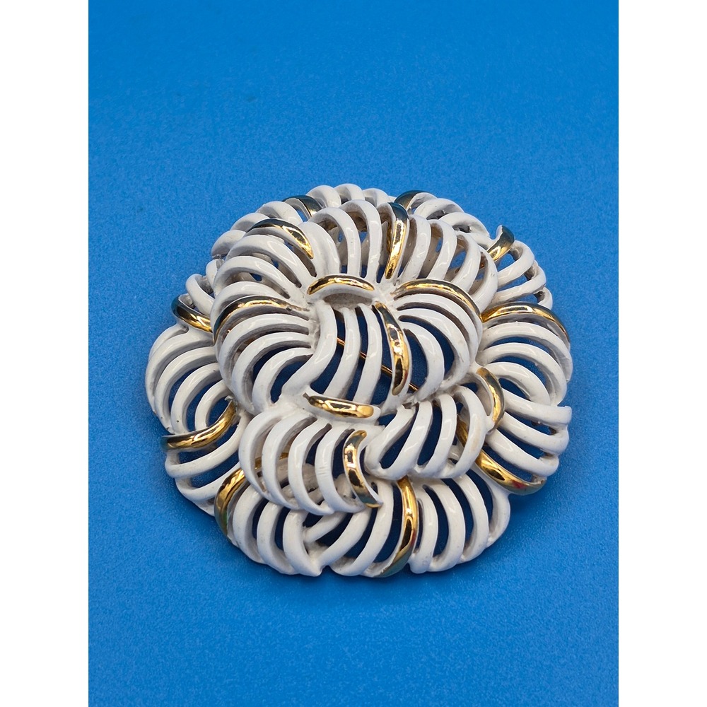 Vintage Monet Swirl Brooch White Gold Tone Enamel Layered Round Pin Accessory